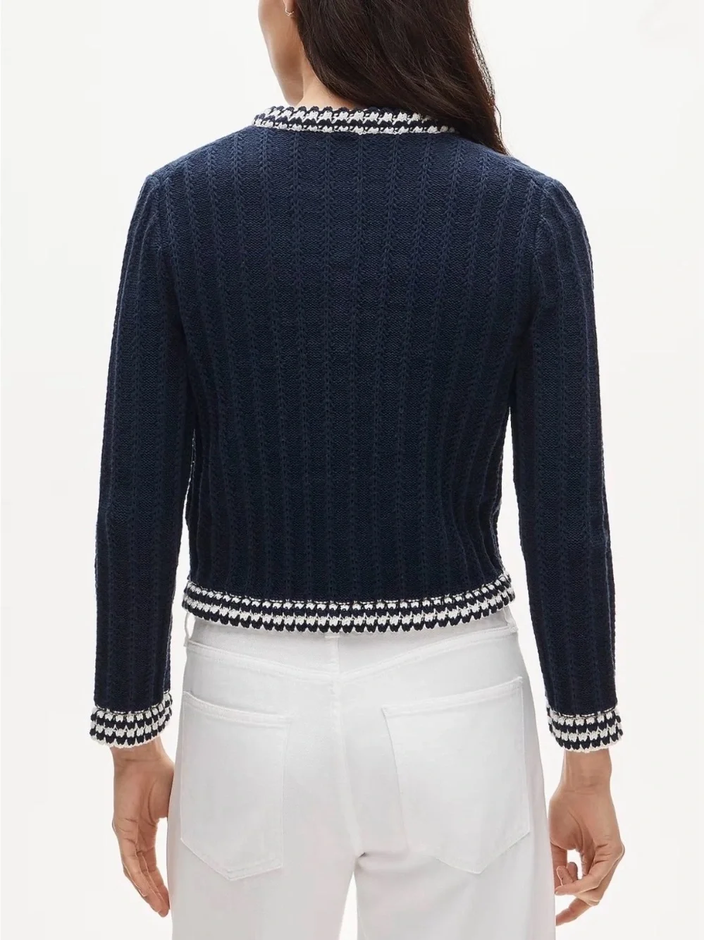 J.Crew Crochet Lady Jacket Cardigan Navy Ivory Cotton Pointelle Sweater M